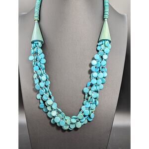 Multi-Strand Wood Bead Statement Necklace Turquoise Blue Boho Southwestern